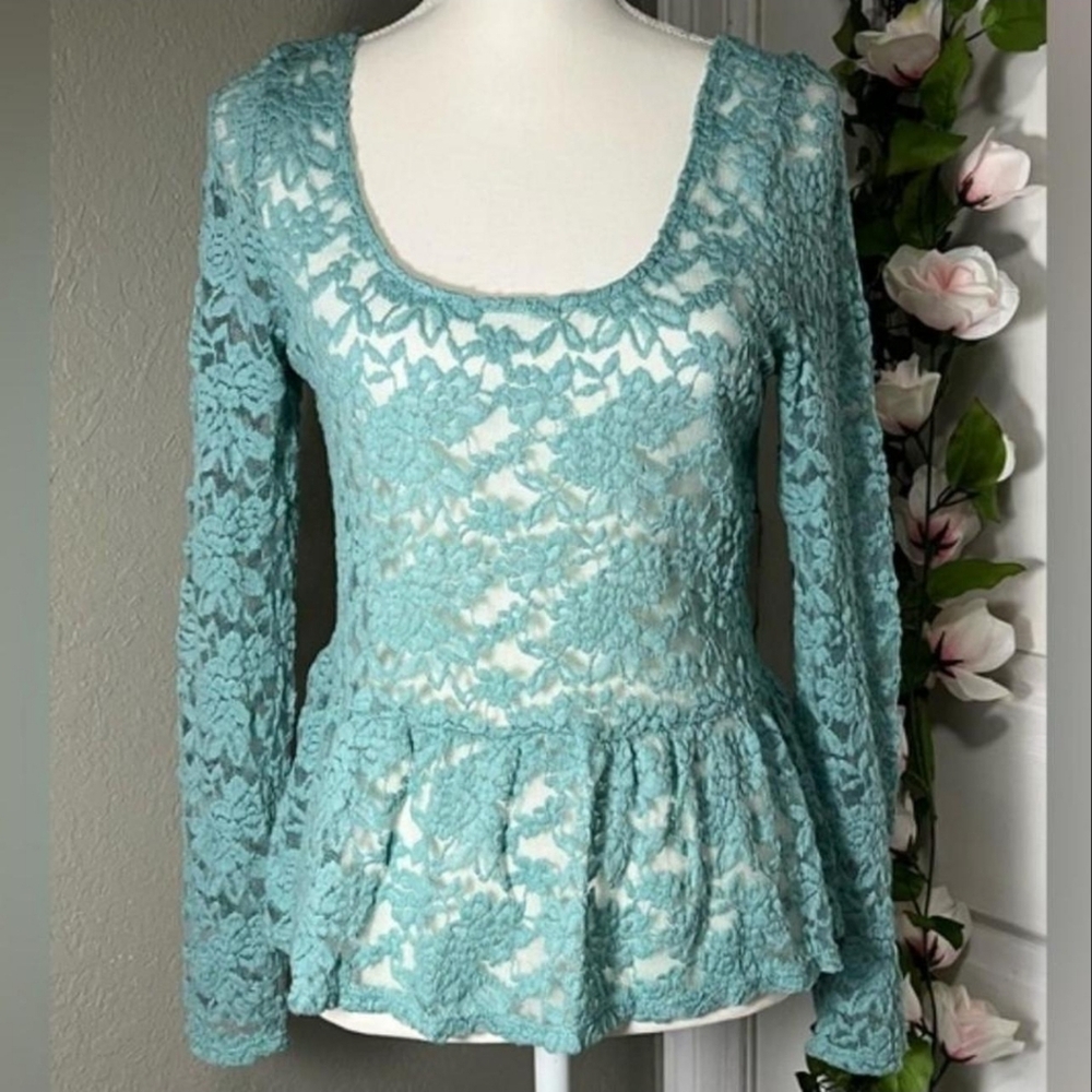 Lily Rose Teal Lace Peplum Long Sleeve Top